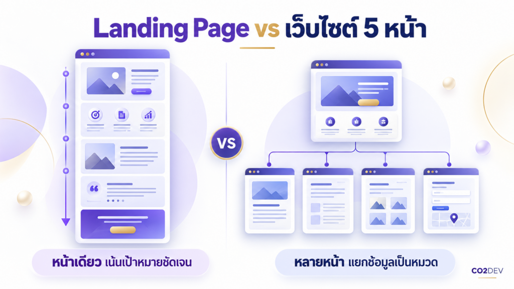 ภาพเปรียบเทียบ Landing Page แบบหน้าเดียวกับเว็บไซต์บริษัท 5 หน้าหลัก