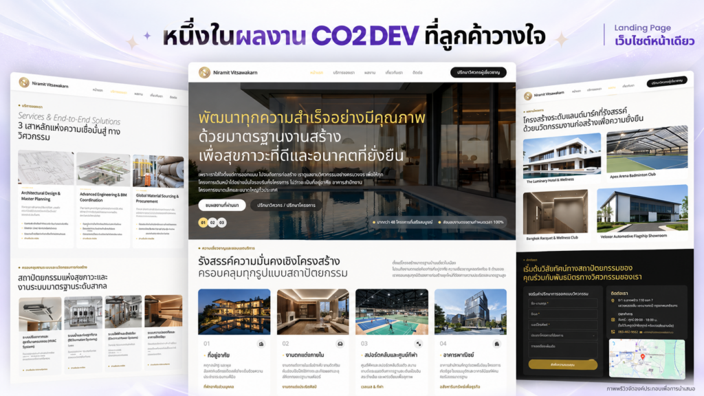 พรีวิวส่วนต่าง ๆ ของเว็บไซต์ นิรามิต วิศวการ จัดวางซ้อนกันเพื่อแสดงงานออกแบบ Landing Page